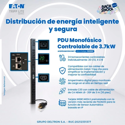 Pdu Para Rack Eaton Monofásico Controlable De 3.7Kw, 24 Tomas Controlables Individualmente