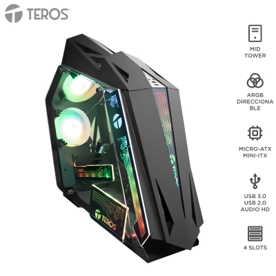 Case Gamer Teros Te-1314G, Mid Tower, Usb 3.0 / Usb 2.0, Audio, Ventilador Argb, Negro