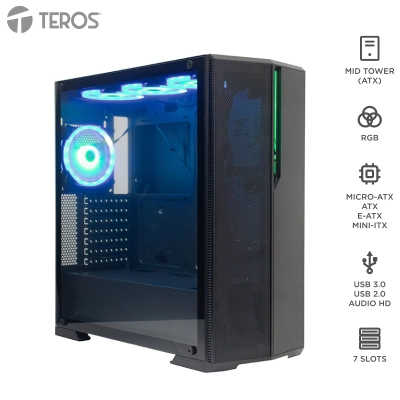 Case Gamer Teros Te1175N, Mid Tower, Negro, Usb 3.0, Usb 2.0, Audio.