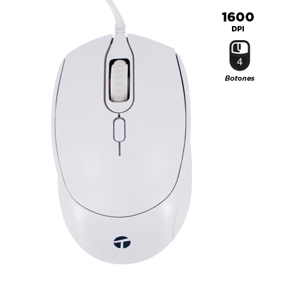 Mouse Óptico Teros Te-1225S, 800-1200-1600 Dpi, Usb, 4 Botones, Color Blanco