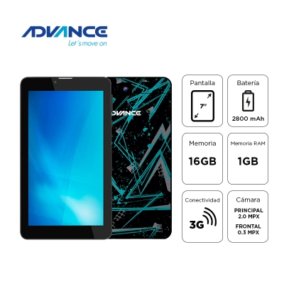Tablet Advance Prime Pr6152, 7" 1024X600, Android 11 Go , 3G, Dual Sim, 16Gb, Ram 1Gb.